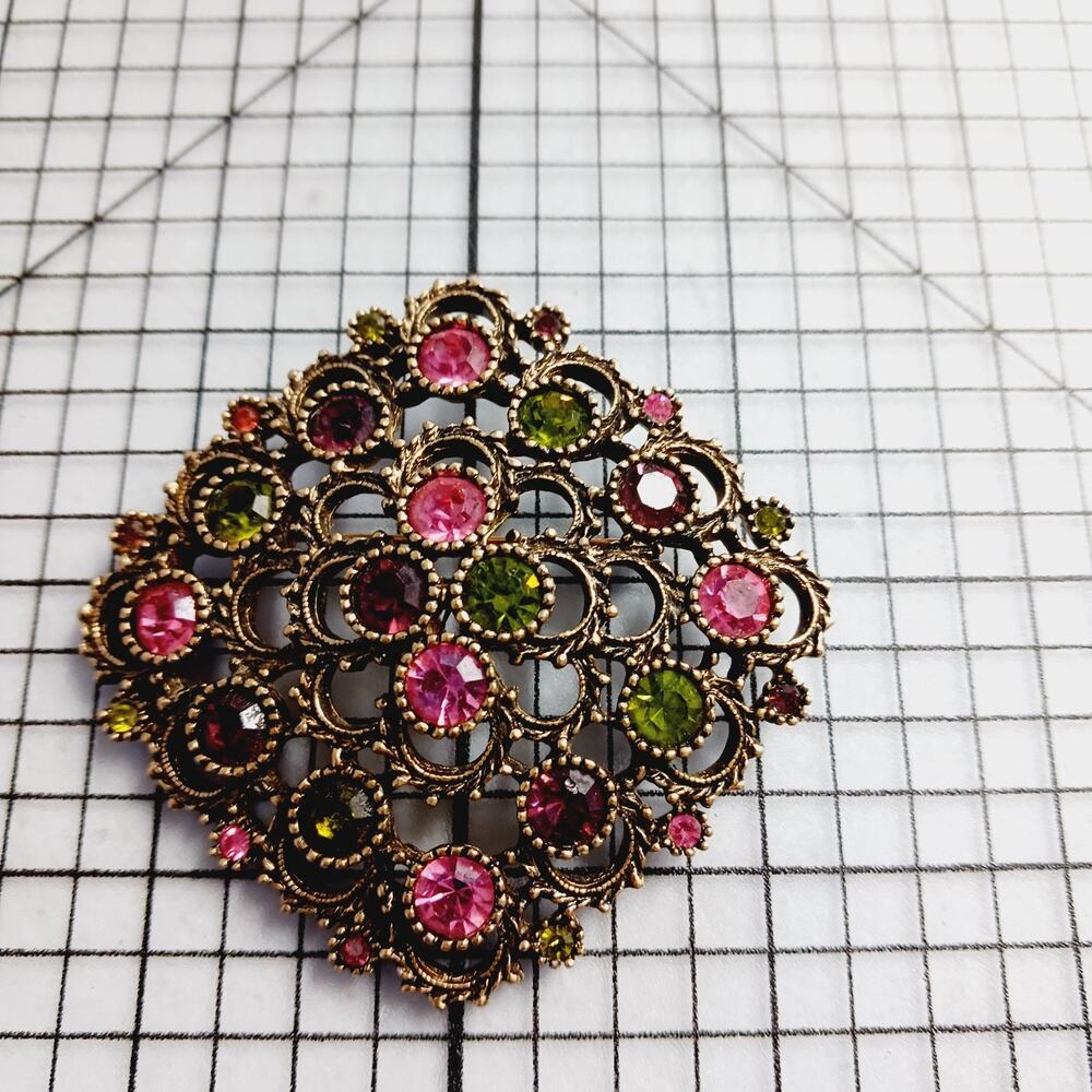 Brooch Pin VTG Sarah Coventry Gold Tone Pink Green Rhinestone Filigree 60s 70s